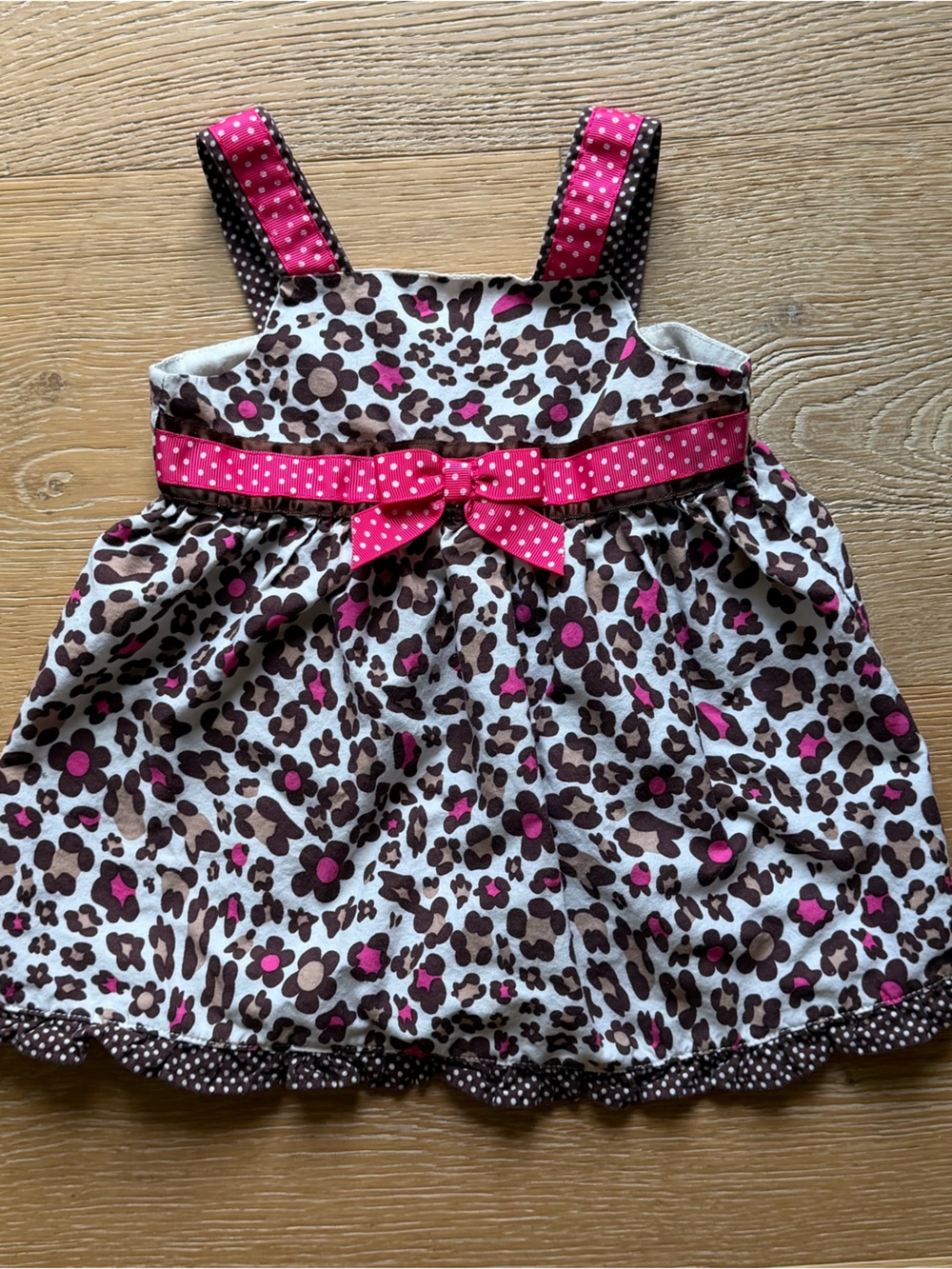 Vintage- y2k - Girls Pink & Brown Leopard Print Sundress with Polka Dot Trim